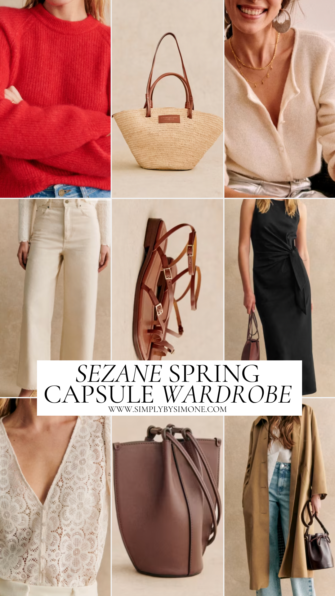 Sezane Spring Capsule Wardrobe Nine Item Cover Image Including Red Sweater, Straw Bag, Cream Cardigan