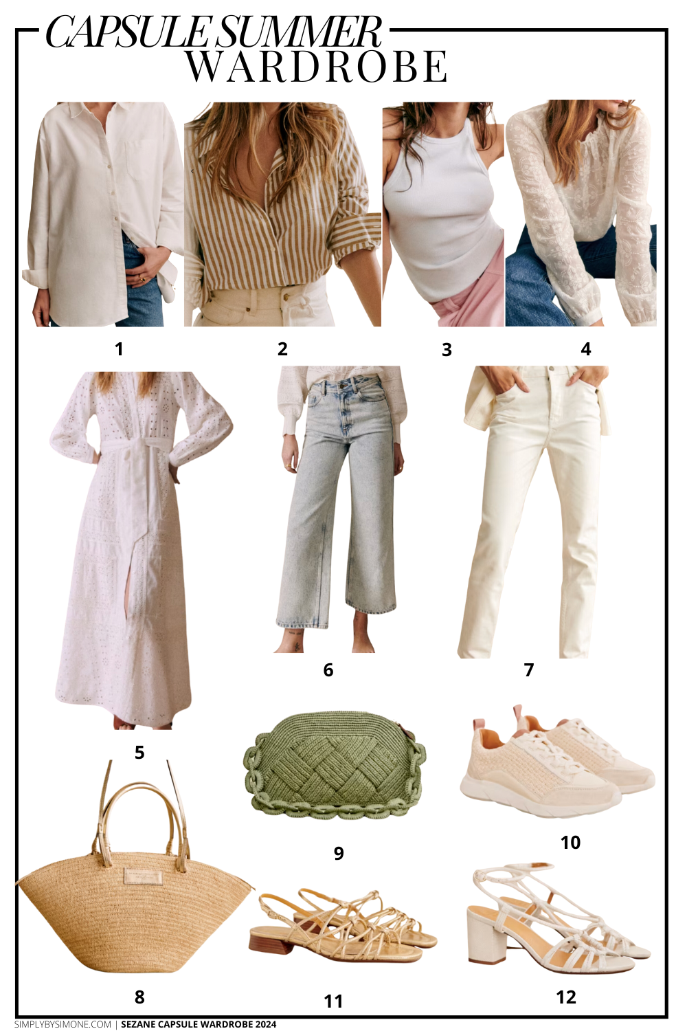 Affordable Sezane Summer Capsule Wardrobe | 12 Pieces, 48 Outfits | How to Build a Capsule Wardrobe | Sezane Summer Clothes | Outfit Inspiration | 48 Summer Weather Outfit Ideas | Summer Vacation Packing Guide | Sezane Summer Capsule Wardrobe - What To Wear This Summer 2023, Parisian Outfit Ideas | Items 1-12 | Simply by Simone