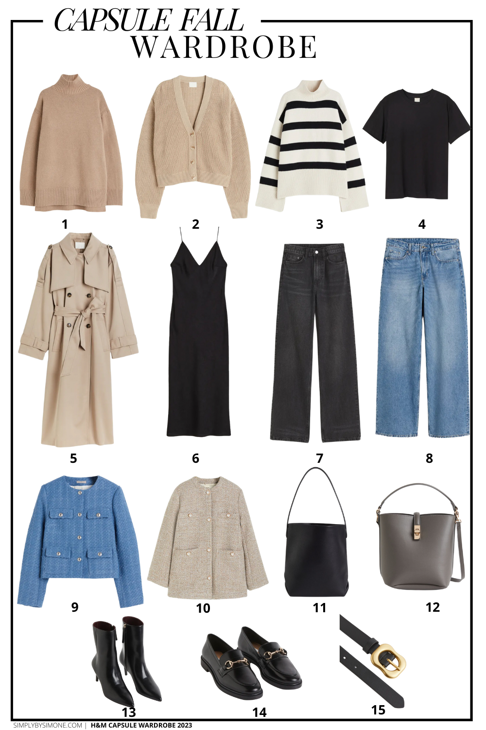 Affordable H&M Fall Capsule Wardrobe | 15 Pieces, 48 Outfits | How to Build a Capsule Wardrobe | H&M Fall Clothes | Outfit Inspiration | 48 Fall Weather Outfit Ideas | Fall Vacation Packing Guide | H&M Fall Capsule Wardrobe - What To Wear This Fall 2023, Parisian Outfit Ideas | Items 1-15 | Simply by Simone