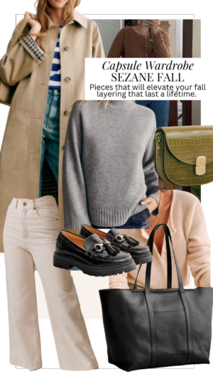 Sezane Fall Capsule Wardrobe 2024 Cover Image Collage of Clothing, Trench coat, Grey Sweater, Pistachio Bag, black loafers