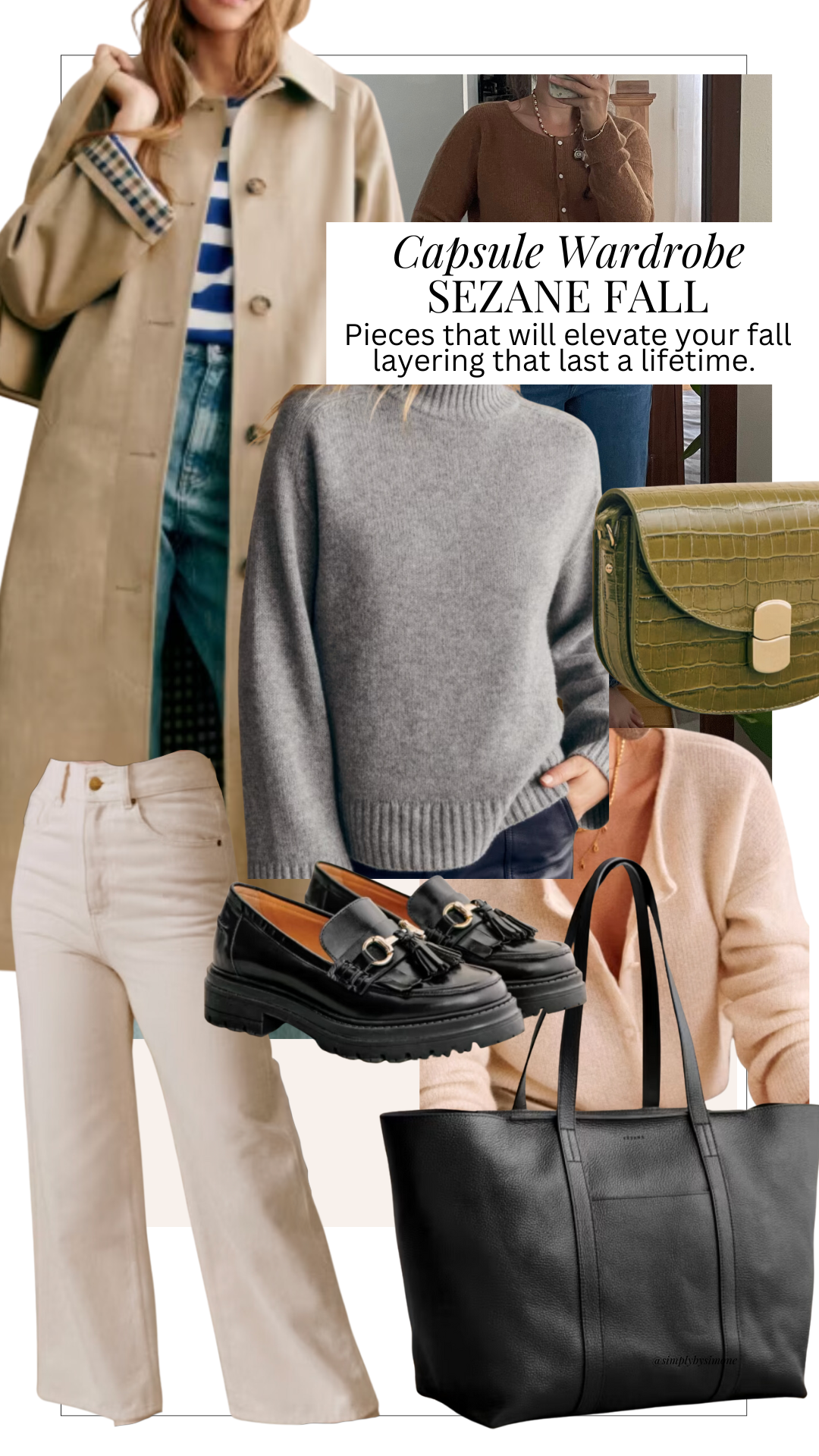 Sezane Fall Capsule Wardrobe 2024 Cover Image Collage of Clothing, Trench coat, Grey Sweater, Pistachio Bag, black loafers 