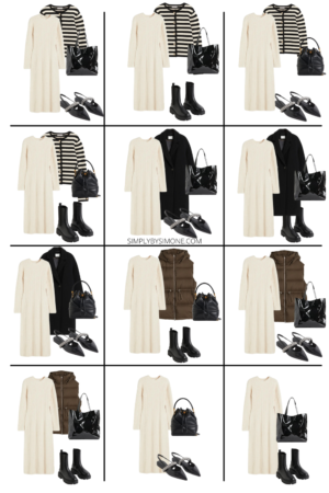 Collage of 12 outfit ideas using 15 different items to create a winter capsule wardrobe