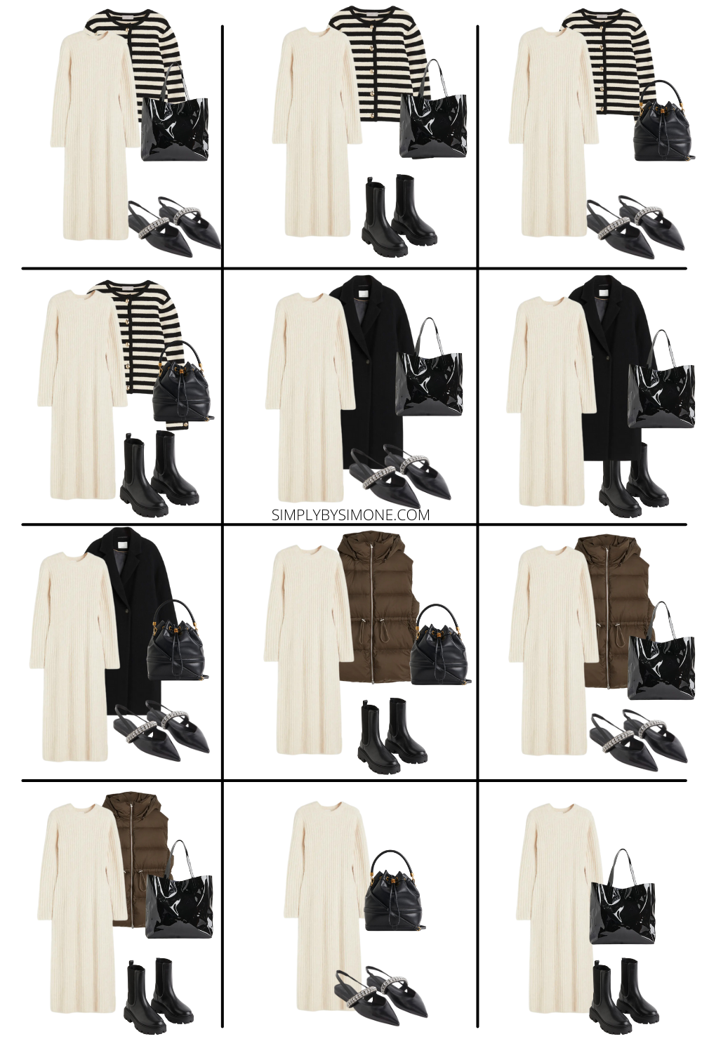 Collage of 12 outfit ideas using 15 different items to create a winter capsule wardrobe 