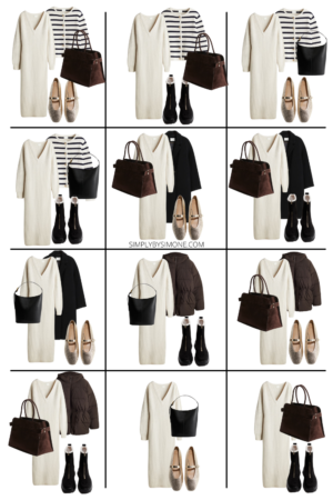 Collage of 12 outfit ideas using 15 different items to create a winter capsule wardrobe