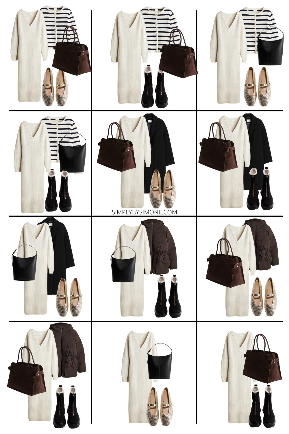 Collage of 12 outfit ideas using 15 different items to create a winter capsule wardrobe 