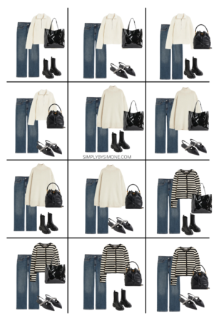 Collage two of 12 outfit ideas using 15 different items to create a winter capsule wardrobe