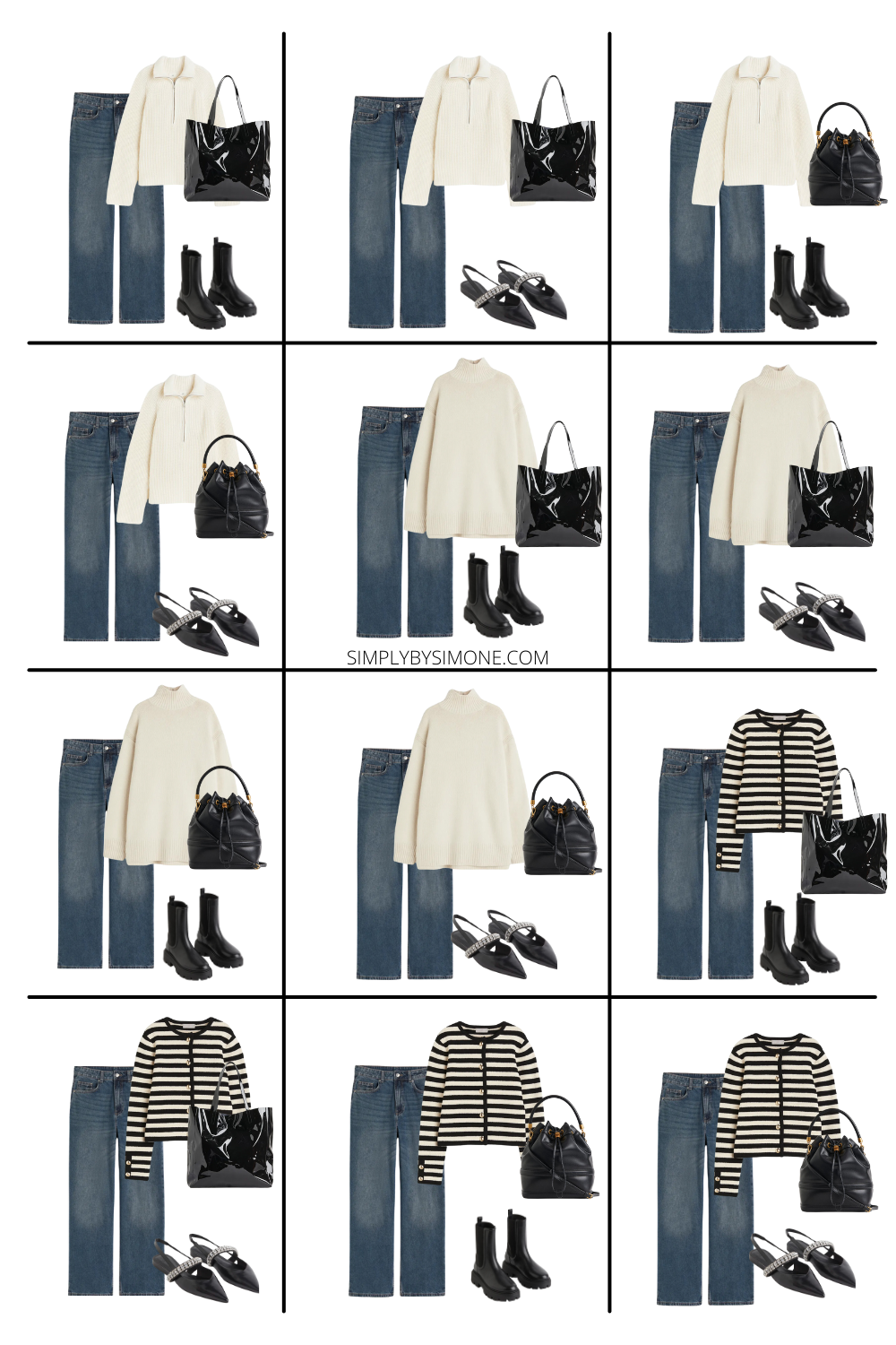 Collage two of 12 outfit ideas using 15 different items to create a winter capsule wardrobe 