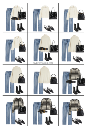 Collage three of 12 outfit ideas using 15 different items to create a winter capsule wardrobe
