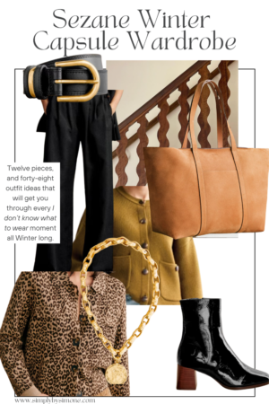 Outfit Ideas to Build your Wardrobe, Cover Image with Leopard Cardigan, Black Booties, Gold Necklace, Camel Suede Bag and Black belt