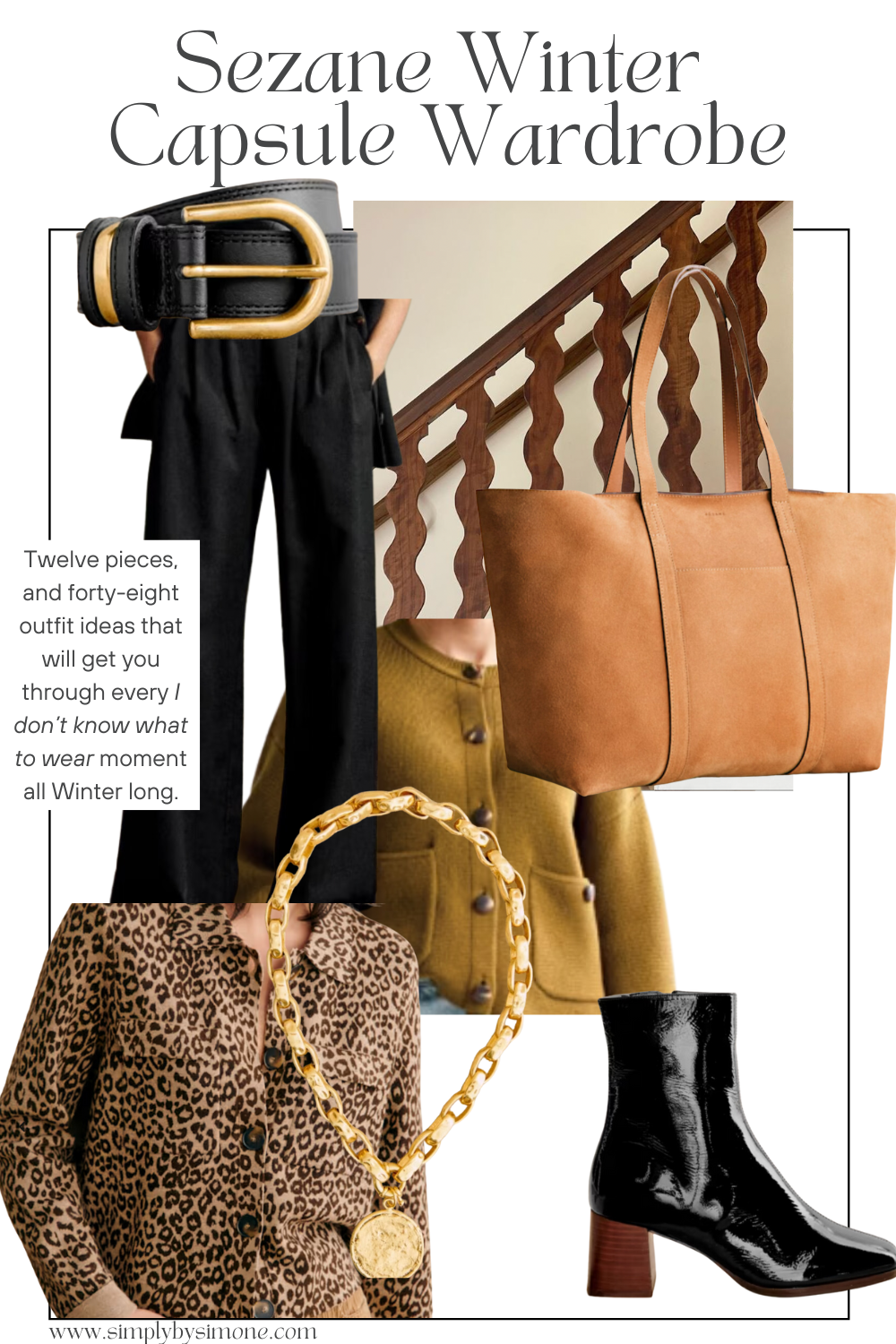 Outfit Ideas to Build your Wardrobe, Sezane Winter Capsule Wardrobe Cover Image with Leopard Cardigan, Black Booties, Gold Necklace, Camel Suede Bag and Black belt