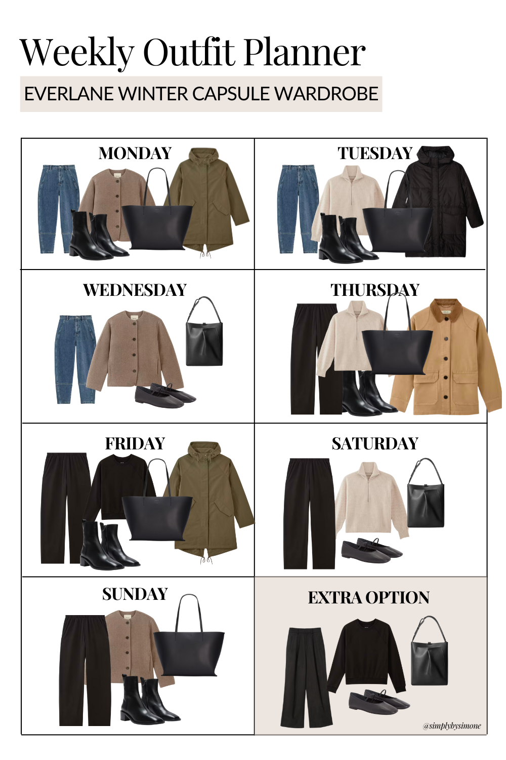 Everlane Winter Capsule Wardrobe Weekly outfit planner