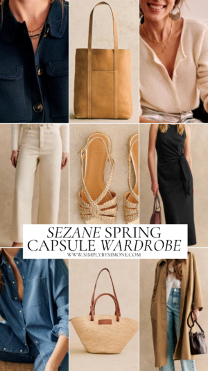 Sezane Spring Capsule Wardrobe Nine Item Cover Image Including Navy Betty Cardigan, Straw Bag, Cream Gaspard Cardigan
