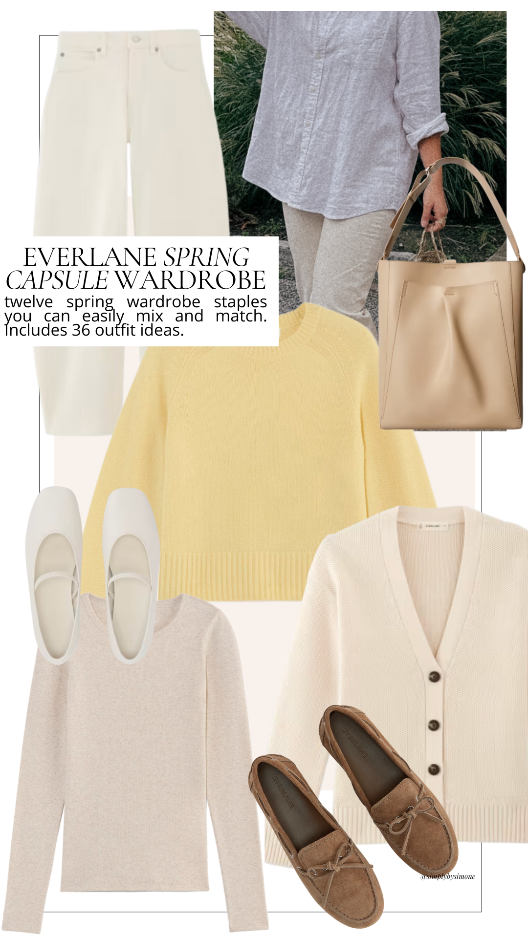 Collage of Everlane pieces for Spring featuring a butter yellow sweater, cream cardigan, white ballet flats - Cover Image