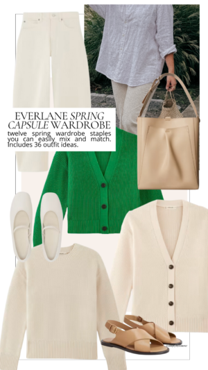 Collage of Everlane pieces for Spring featuring a Green cardigan, cream cardigan, white ballet flats - Cover Image