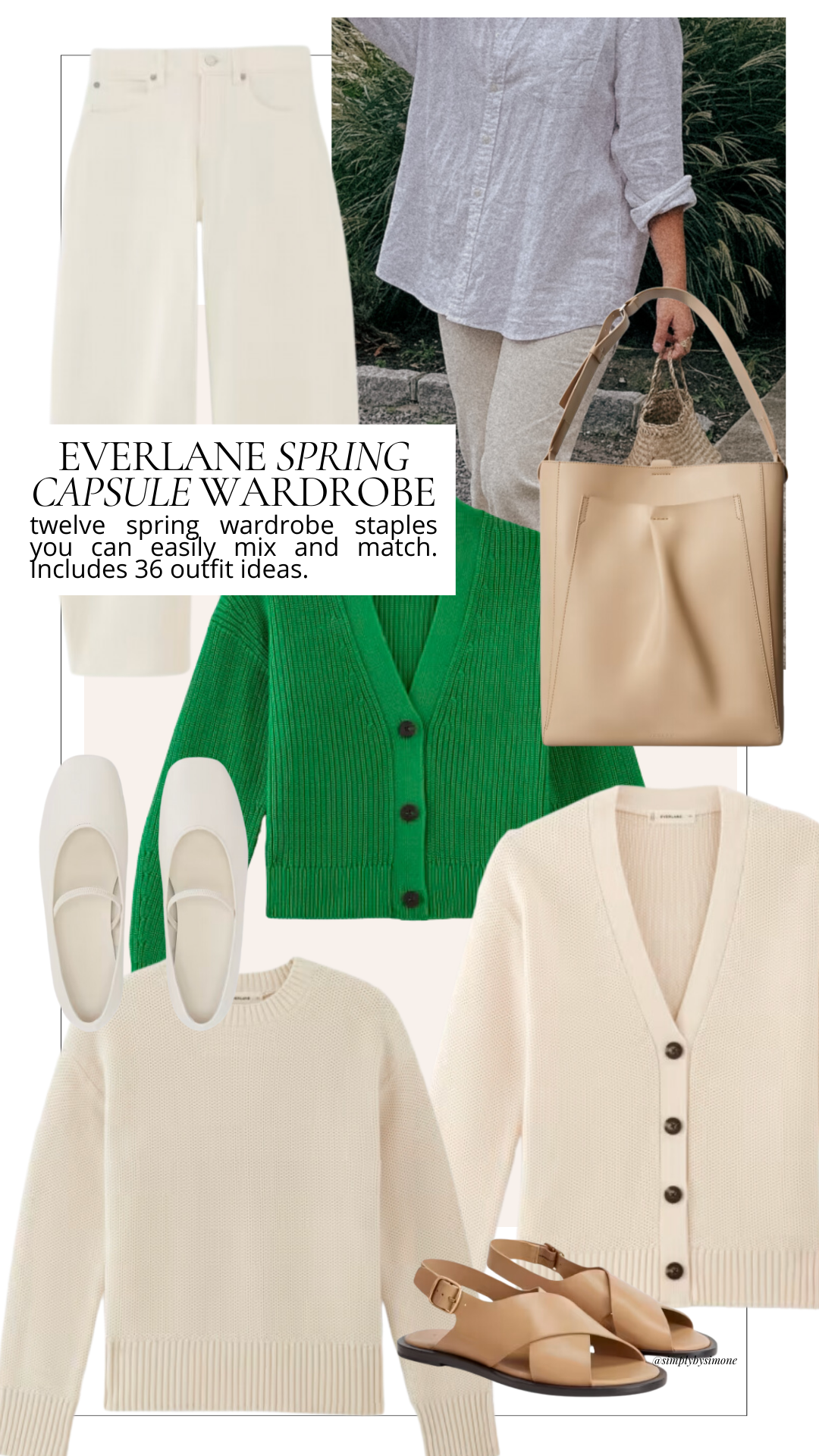 Collage of Everlane pieces for Spring featuring a Green cardigan, cream cardigan, white ballet flats - Cover Image