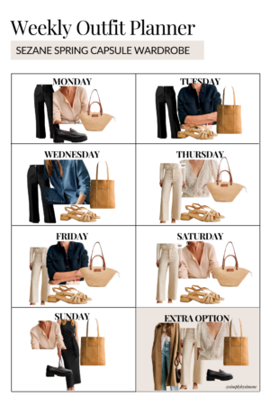 Sezane Weekly Outfit Planner, Outfit Ideas for Monday through Sunday