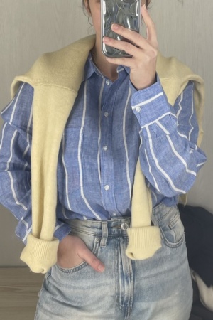H&M Blue and White Linen Striped Button Down