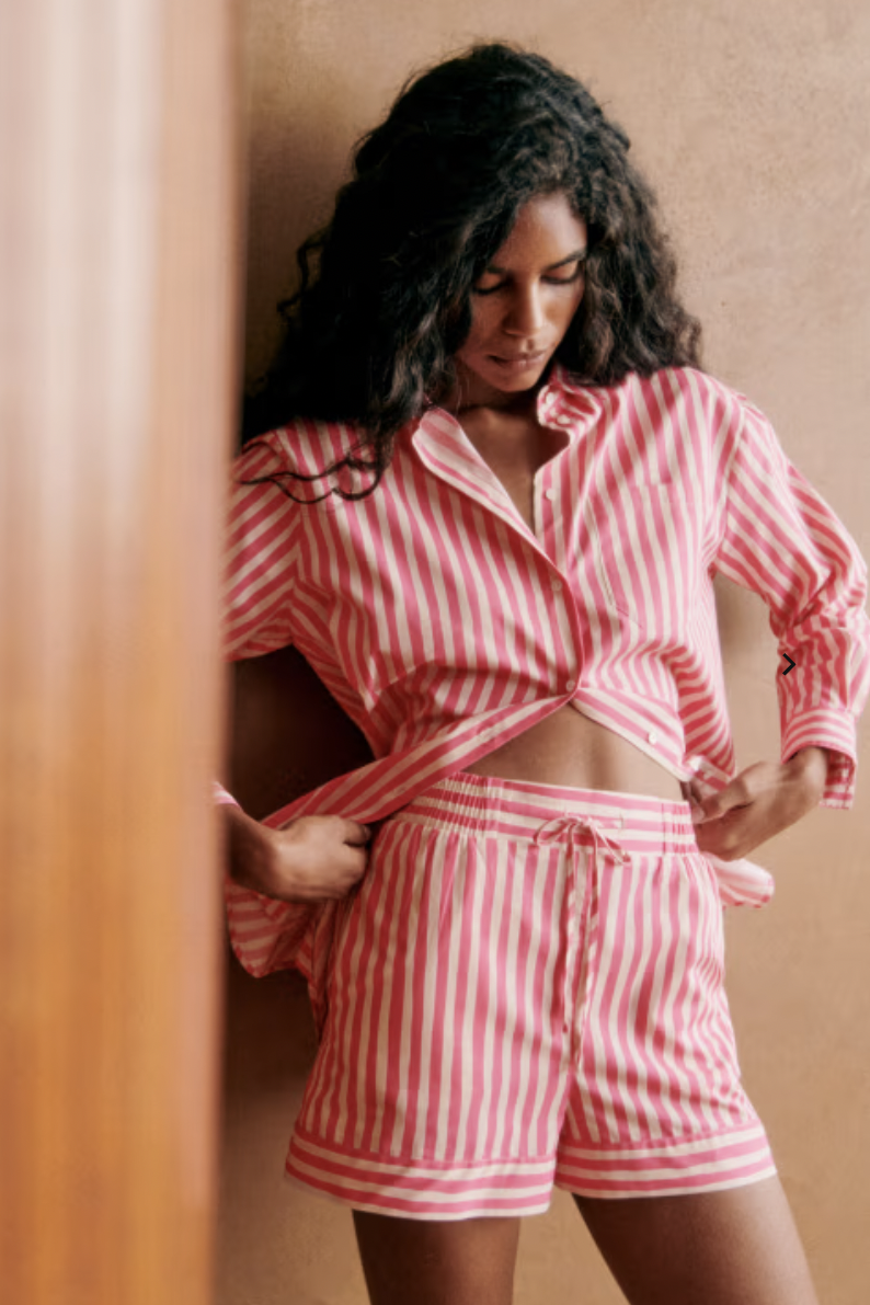 Sezane Max Shirt and Norberto Short in Pink and Ecru Stripe, Striped Set Outfit
