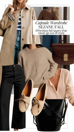 Sezane Fall Capsule Wardrobe 2025 Cover Image Collage of Clothing, Trench coat, taupe Sweater, claude Bag, sand suede loafers