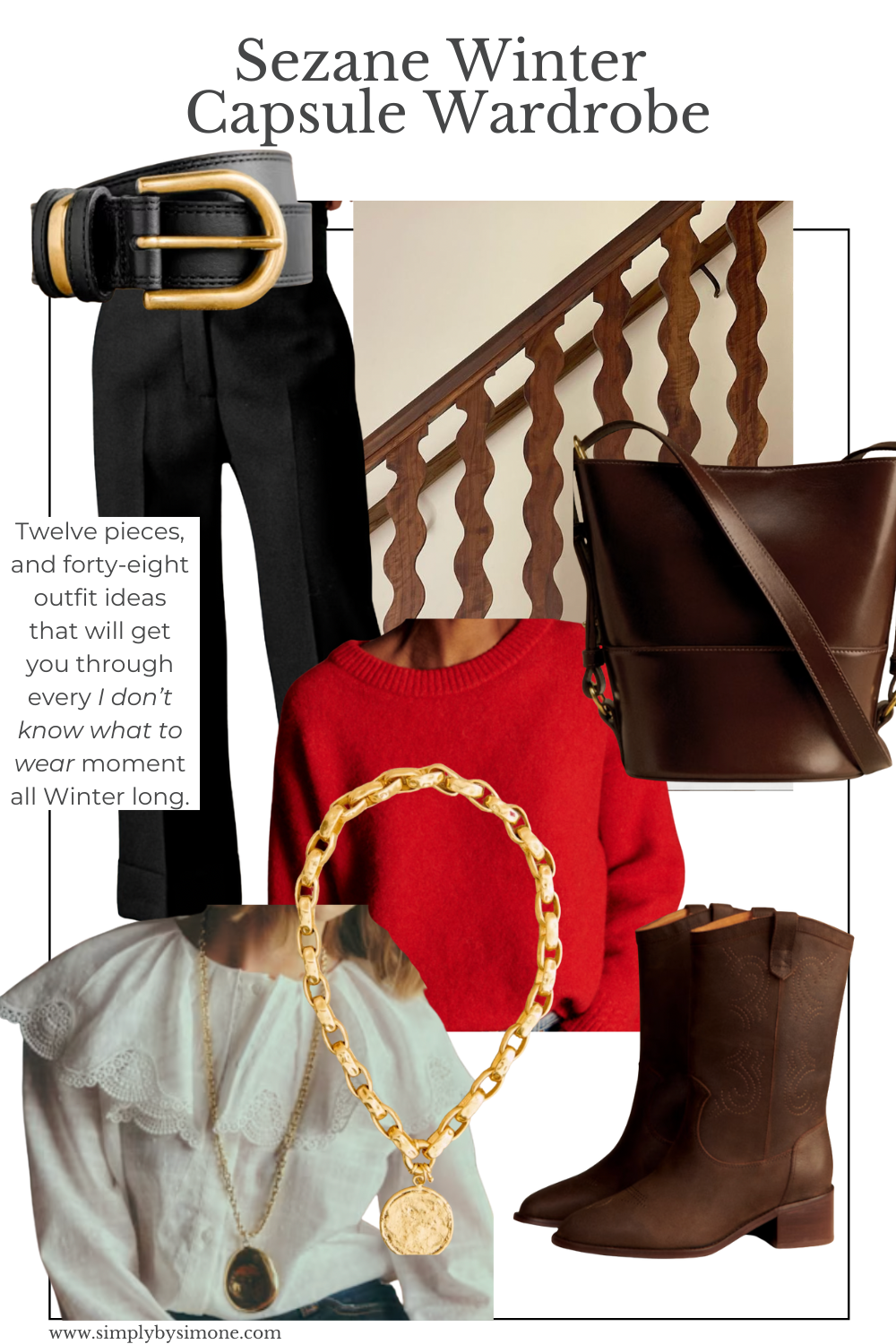 Outfit Ideas to Build your Wardrobe, Sezane Winter Capsule Wardrobe Cover Image with red sweater, ruffle blouse, brown cowboy boots, black trousers and brown leather bucket bag