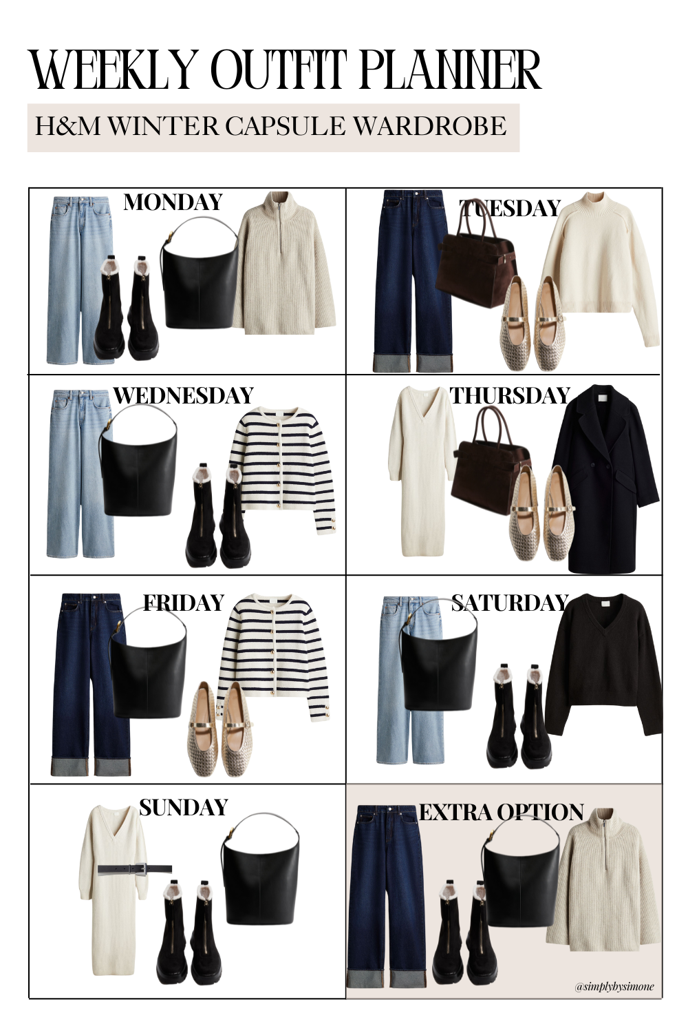 Weekly Outfit Planner H&M Winter Capsule Wardrobe, What to Wear this Winter, Outfit Planner