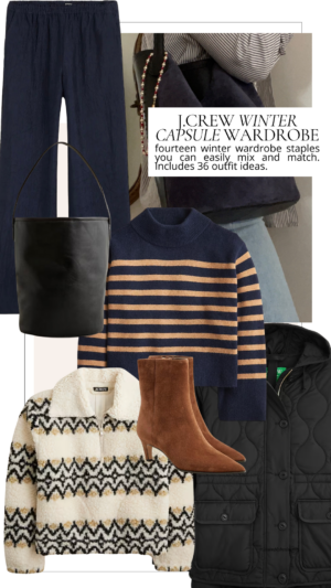 Winter Capsule Wardrobe Collage, featuring Fair Isle Sweater, Striped Sweater, quilted puffer coat, Stratus pant in textured satin, camel suede boots, berkleu
