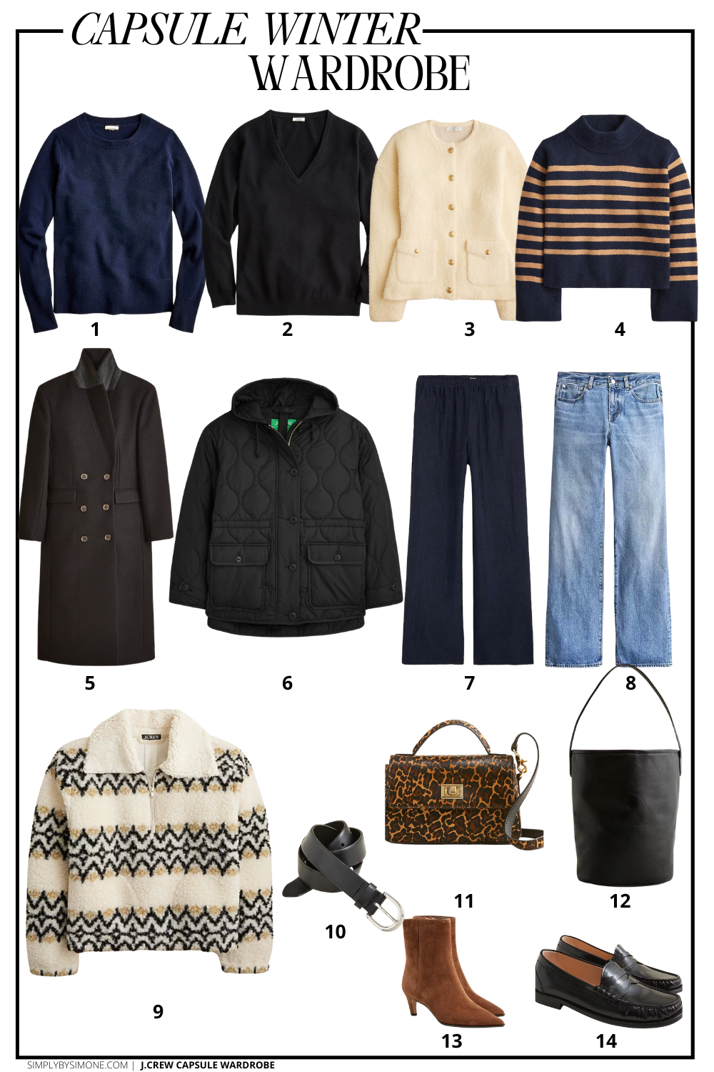 J.Crew Winter Capsule Wardrobe Items 1-14 featuring Oslo puffer jacket, Chunky crewneck sweater, classic belt, fair isle print sweater, cashmere relaxed v-neck sweater, palais topcoat, cinched-waist sweater jacket, high rise jeans, small edit top-handle bag, berkeley bucket bag, stevie ankle boots, stratus pant, classic fit crewneck sweater, winona penny loafer