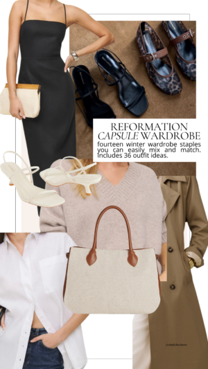 Winter Capsule Wardrobe Collage, featuring jadey cashmere oversized v-neck sweater, oversized patrizia bag, matteo trench coat, frankie linen dress