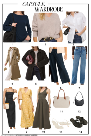 Reformation Capsule Wardrobe Items 1-14 feeaturing, Jadey cashmere v-neck sweater, frankie black linen dress, oversized linen button up, serenity bare sandal