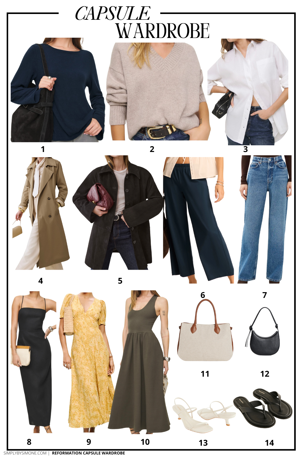 Sustainable Reformation Capsule Wardrobe Items 1-14 feeaturing, Jadey cashmere v-neck sweater, frankie black linen dress, oversized linen button up, serenity bare sandal