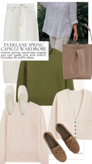 Collage of Everlane pieces for Spring featuring a chartreuse sweater, cream cardigan, white ballet flats - Cover Image