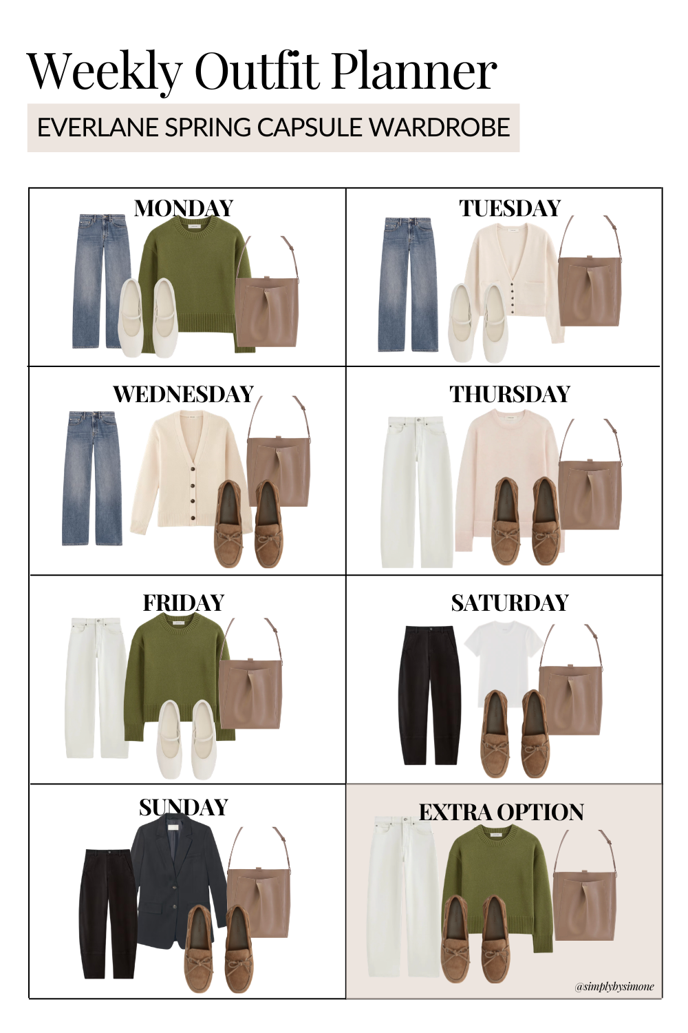 Everlane Spring Capsule Wardrobe, Barrel Leg Jean Outfits, Spring Outfits for Women, Spring Weekly Outfit Planner