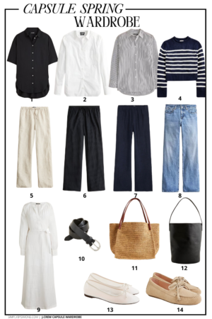J.Crew Spring Capsule Wardrobe Items 1-14 featuring airy-gauze button-up shirt, stratus pant in textured satin, airy gauze beach pant. heritage cotton rollneck sweater, soleil pant in linen, driving loafers, andi ballet flats, cabana dress, high-rise relaxed straight leg jeans, etienne oversized shirt, icon trench coat, carcon classic shirt, berkeley bucket bag, classic belt and large hand knotted packable tote bag