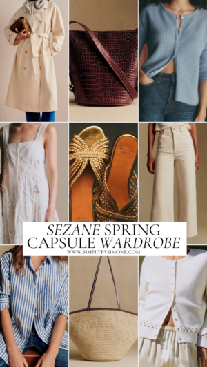 Sezane Spring Capsule Wardrobe Nine Item Cover Image Including Navy Betty Cardigan, Straw Bag, Striped Max Shirt