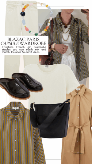 Blazac Paris Capsule Wardobe Guide, Parisian Capsule Wardrobe for Effortless Style Image featuring trench coat, black clogs, black bucket bag, pointelle t-shirt and ecru jeans
