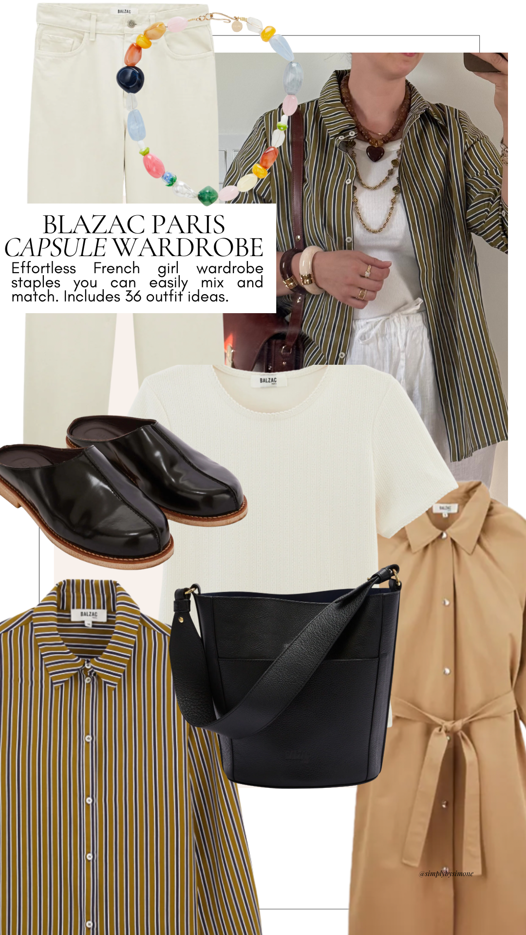 Balzac Paris Capsule Wardobe Guide, Parisian Capsule Wardrobe for Effortless Style Image featuring trench coat, black clogs, black bucket bag, pointelle t-shirt and ecru jeans 