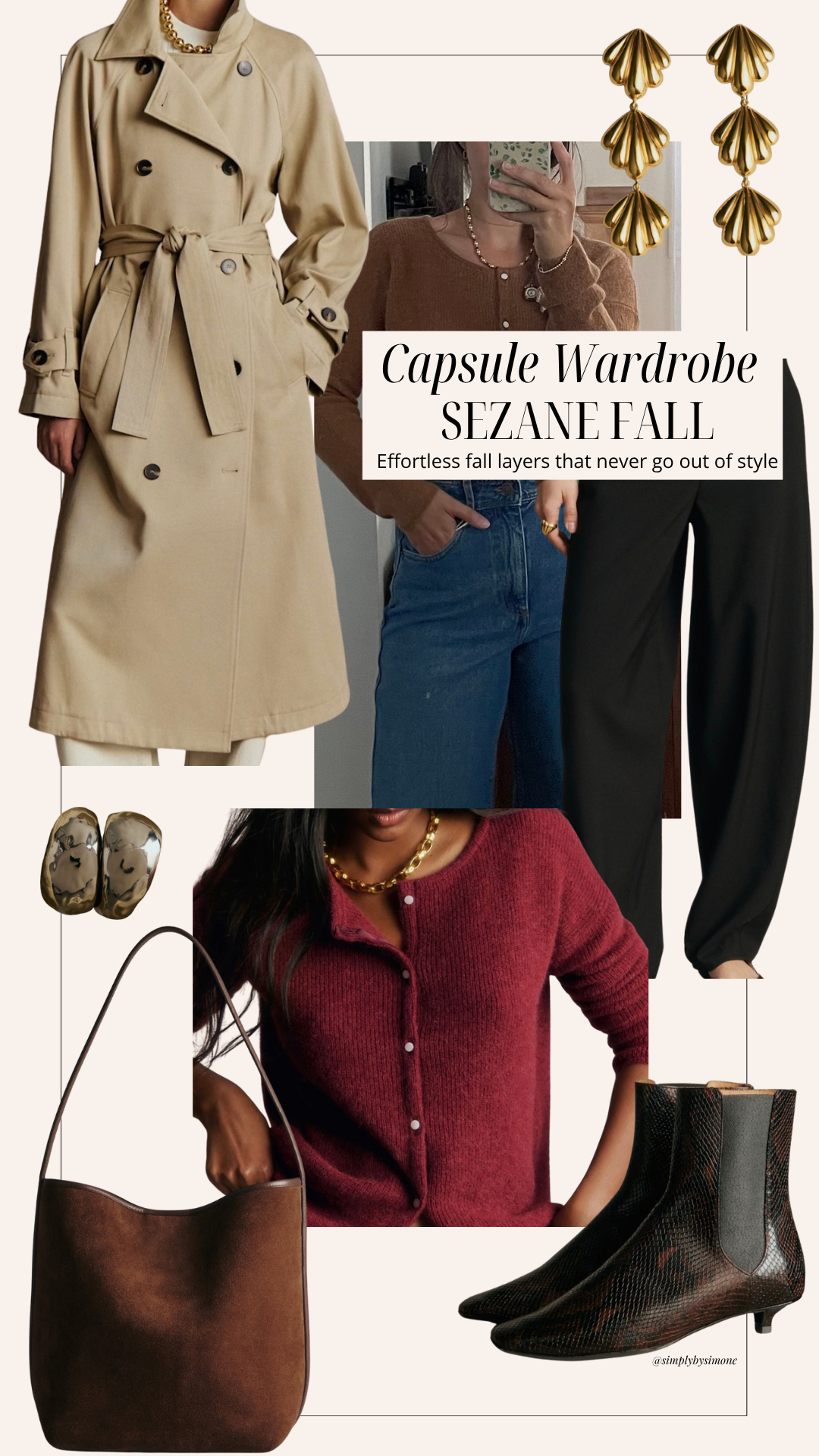 Sezane Fall Capsule Wardrobe 2026 Cover Image Collage of Clothing, Trench coat, gaspard cardigan burgundy, solal Bag, brown and black python isabella ankle boots